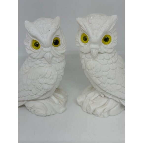 VTG Alabaster White Owl Figurines Yellow Eyes Set of 2 Italy Mid Century 3.5"x4" - Picture 2 of 10